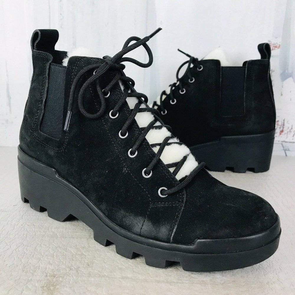 EILEEN FISHER CALM Black Leather Lace Up Shearling Ankle Boots Womens 8 ~ NWOB